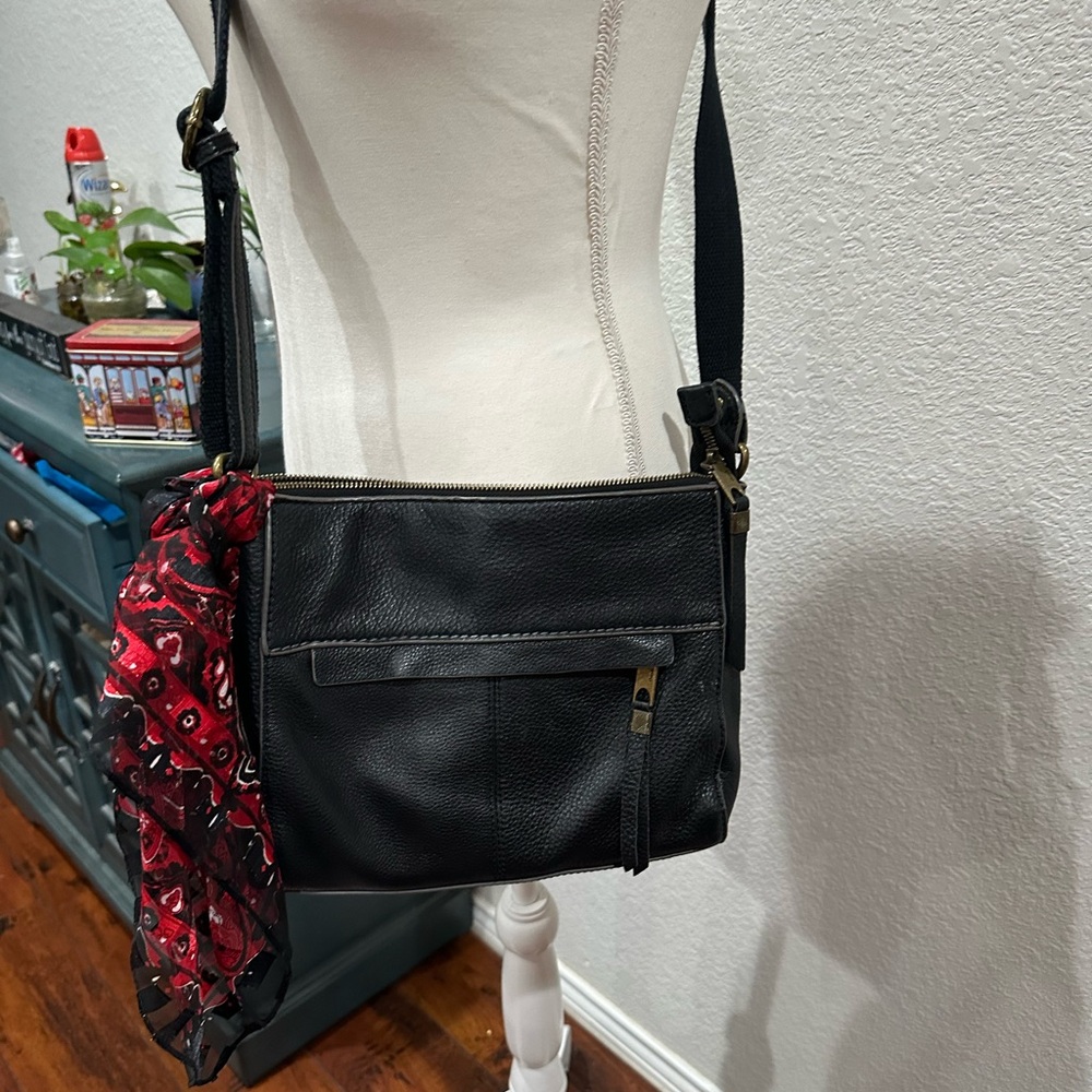Vintage the Sak Black Leather Crossbody Bag with Red Scarf Accent